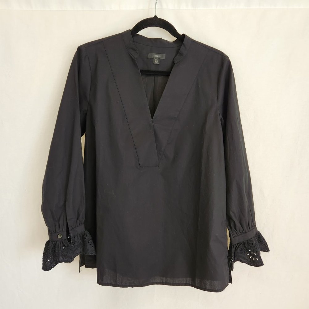 J. Crew  Black Shirt Top 100% Cotton V-neck Long Sleeve with Ruffles Size XS. - Picture 3 of 15